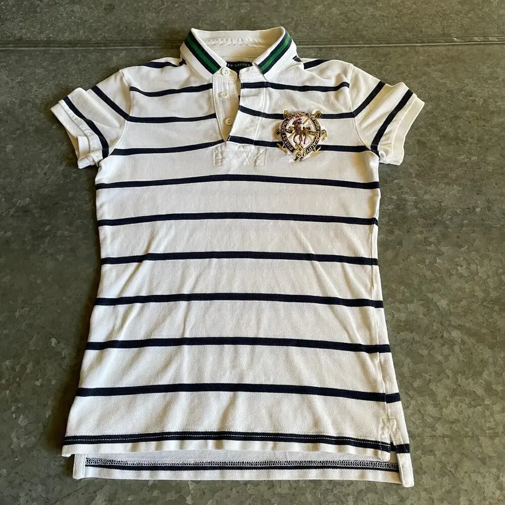 Vintage Ralph Lauren Gold Crest Striped Polo Shirt Boys Youth Small 90s Y2K Blue